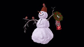 Christmas Snowman With Green Wreath, Red Lantern, Bullfinch Birds - Windy Shaking Loop - Alpha Channel - Powered by Shutterstock - Get 15% off with code: PIKWIZARD15