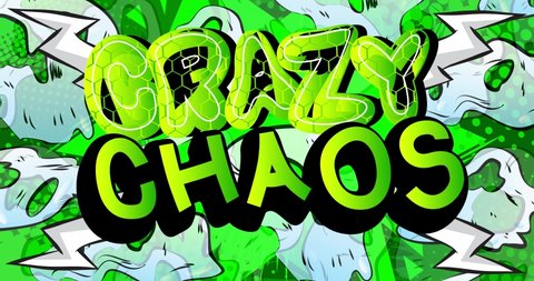 Crazy Chaos. Motion poster. 4k animated Comic book word text moving on abstract comics background. Retro pop art style.