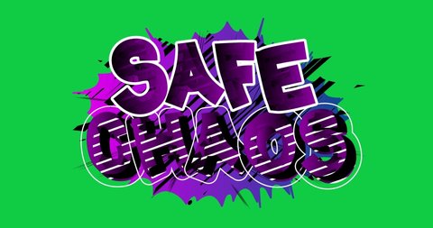 Safe Chaos. Motion poster. 4k animated Comic book word text moving on abstract comics background. Retro pop art style.