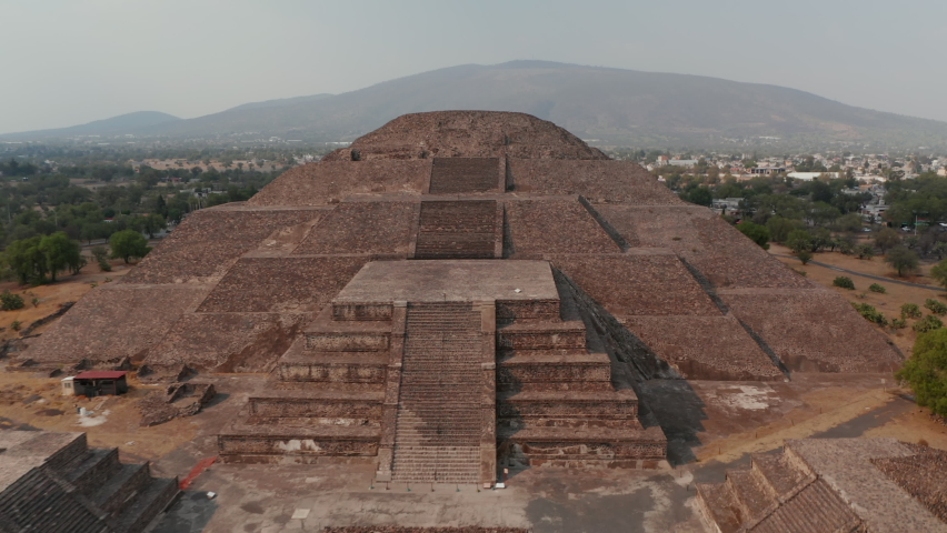 Drone view of front of Pyramid of Moon in Teotihuacan complex in Mexico Valley. Mesoamerican pre-columbian temple is the thirds largest pyramid in the world. Travel destination. Unesco world heritage