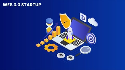 Animated cartoon design of rocket and laptop with web 3.0 apps in the metaverse with trading cryptocurrency background