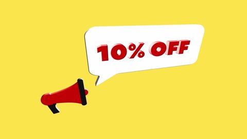 3d realistic style megaphone icon with text 10 percent off isolated on yellow background. Megaphone with speech bubble and 10 percent off text on flat design. 4K video motion graphic