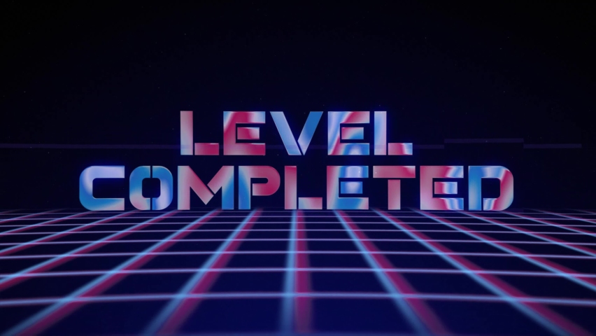 Synthwave wireframe net 80s with text LEVEL COMPLETED. Retro futurism background. 3d illustration render seamless loop. 4k - Powered by Shutterstock - Get 15% off with code: PIKWIZARD15