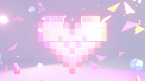 Looped pumping neon voxel heart with various geometric objects and glowing sparkles animation.