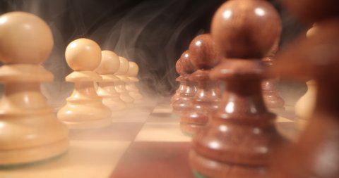 Chess world.Chess board. Game of chess.  Close up wooden chess pieces on board, dolly shot, Slider move. 4K