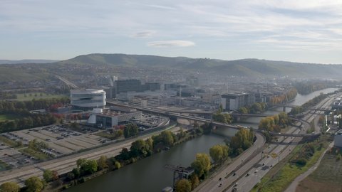 Stuttgart, Germany - October 2021: Aerial video of Mercedes-Benz Untertürkheim plant during sunset in Bad Cannstatt