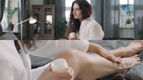 Split screen footage with close up and medium shot. Beautiful young woman in bathroom applying cream on legs in morning