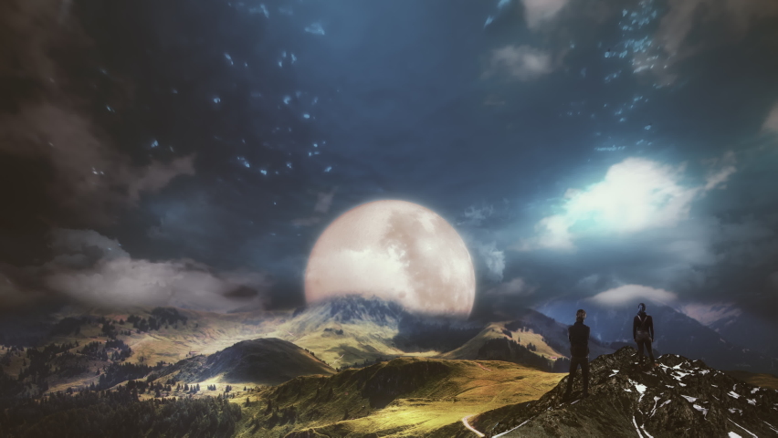 Creatures Flying In Liquid Sky On Alien World, Couple On Mountain Top. Couple standing on top of a mountain looking creatures flying in a liquid sky of a alien world