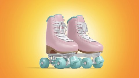 Blank colored pin up roller skates mockup pair, looped rotation, 3d rendering. Empty american pinup boots for rollerskating mock up on yellow background. Clear old-fashioned roller-skate template.