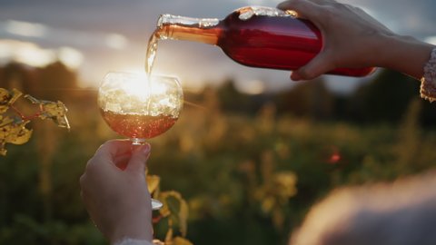The winemaker pours red wine into a glass, stands in the vineyard where the sun is beautiful. 4k slow motion video