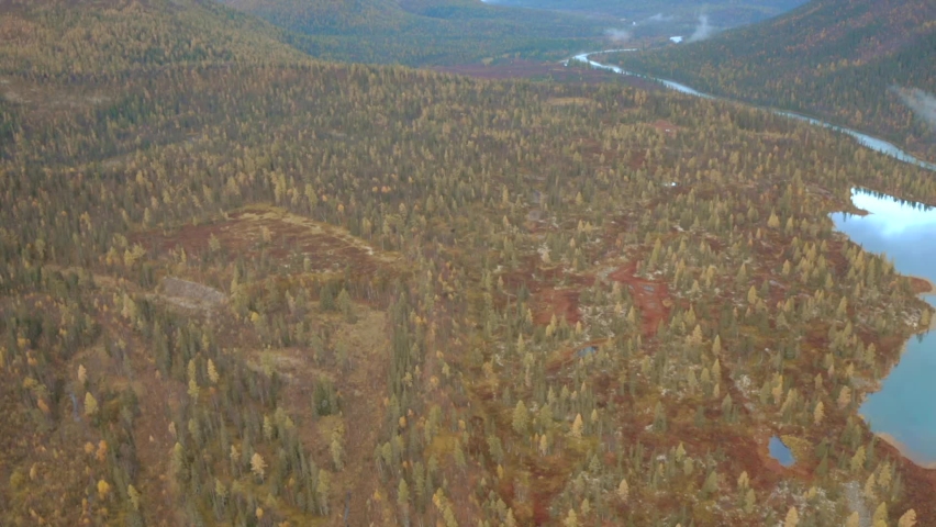 Aerial view of autumn colorful forest, lakes and swamps under the cloudy sky. Clip. Hilly terrain, wild natural landscape, Taiga, Russia.