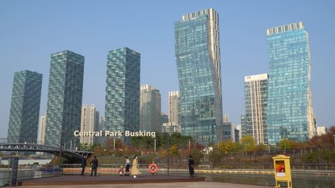 Incheon , South Korea - 11 14 2021: Incheon, South Korea - November 14, 2021: Central Park designated green area and Busking stage for street performers