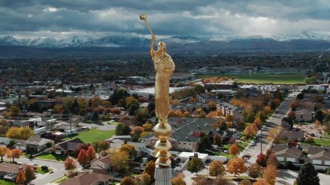 Brigham , United States - 10 07 2021: Angel Moroni statue at Brigham Jordan Utah aerial 