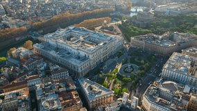 Aerial drone video of iconic Cassation court Palace of justice, the highest supreme court of Italy next to famous piazza Cavour, Rome historic centre