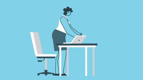 Cartoon angry woman working on a broken laptop at workplace. Flat Design 2d Character Isolated Loop Animation with Alpha matters