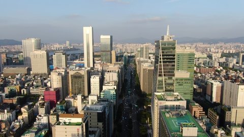 Asia korea seoul samseong-dong COEX building teheran-ro road traffic aerial photography. October 2nd, 2021 at 5pm sunny weather