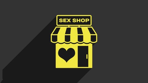Yellow Sex shop building with striped awning icon isolated on grey background. Sex shop, online sex store, adult erotic products concept. 4K Video motion graphic animation.