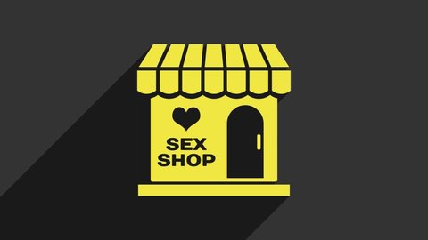 Yellow Sex shop building with striped awning icon isolated on grey background. Sex shop, online sex store, adult erotic products concept. 4K Video motion graphic animation.