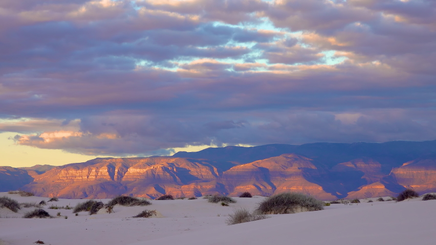 Sunset, Stormy clouds in the evening at sunset in Sand Dune at White Sands National Monument. New Mexico, USA