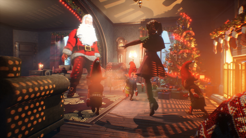 Santa Claus, the snow maiden and the cheerful elves dance in celebration of Christmas. The concept of Christmas atmosphere. The looped animation is ideal for Christmas and New Year