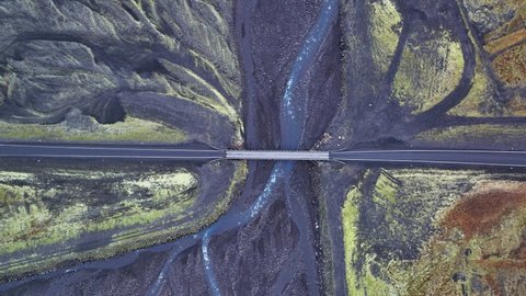 Top Down View Of Bridge With Vehicles Traveling In South Iceland - aerial drone shot