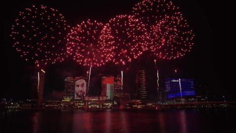 Abu Dhabi, UAE - December 3, 2021: Fireworks lighting up the sky above Galleria Mall as part of 50th Golden Jubilee UAE National Day celebrations in Abu Dhabi
