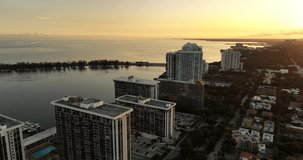 5k aerial sunset Brickell Miami condos on the bay