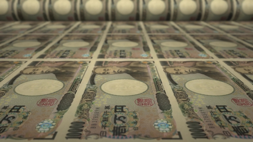 10000 Japanese Yen bills on money printing machine. Video of printing cash. Banknotes. Royalty-Free Stock Footage #1083939985