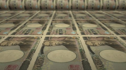 10000 Japanese Yen bills on money printing machine. Video of printing cash. Banknotes.
