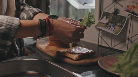 Close up shot of unrecognizable young woman making sandwich in tiny kitchen of her camper