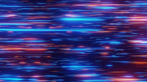 Abstract Neon Background. Fast Moving Blue Orange Rays from Left to Right. Glowing Lines, Virtual Reality, Speed of Light. 3D Animation.