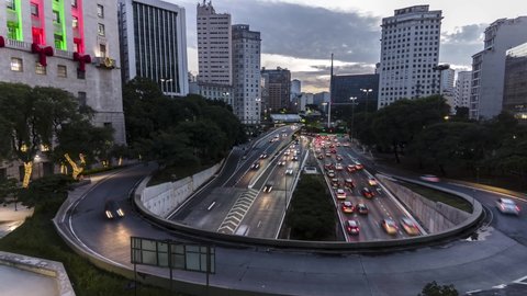 Sao Paulo, Brazil November 23 2021. Traffic Jam in entrance of Anhangabau Tunnel and 23 de Maio Avenue in downtown Sao Paulo, Brazil.