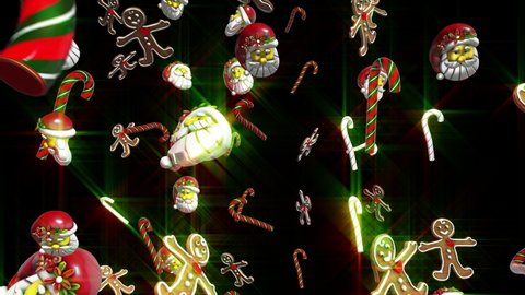 Seamless animation of a bunch of Christmas elements falling with flare. Santa head, candy canes and gingerbread man Christmas background.