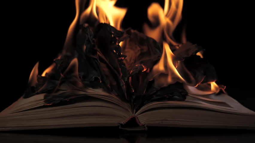 An open book is on fire. Big bright flame, burning paper on old publication. Bonfire conflagration in the dark. Book Burning - Censorship Concept | Shutterstock HD Video #1083955405
