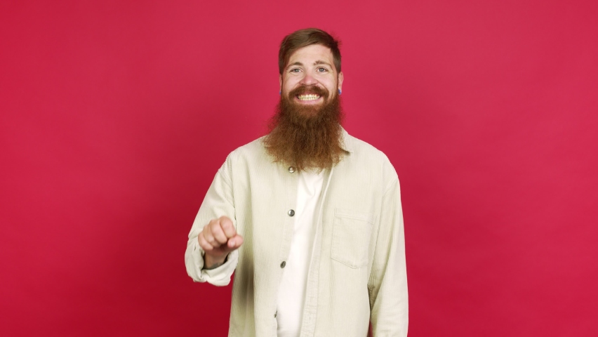 Redhead man with long beard happy and counting with fingers over isolated background