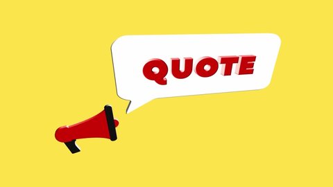3d realistic style megaphone icon with text Quote isolated on yellow background. Megaphone with speech bubble and Quote text on flat design. 4K video motion graphic