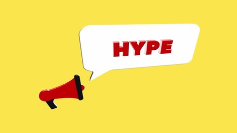 3d realistic style megaphone icon with text Hype isolated on yellow background. Megaphone with speech bubble and hype text on flat design. 4K video motion graphic