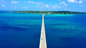 4K aerial video of a bridge on tropical ocean (Irabu Bridge, Miyako Island, Okinawa, Japan)