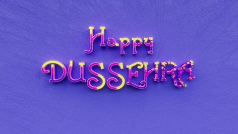Happy Dussehra text inscription, Vijaya Dashami, Dasara, or Dashain and holiday marking the triumph of Rama, indian festival, decorative animated lettering, festive greeting card motion background.