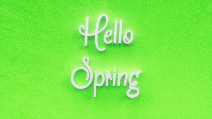Hello Spring text inscription, springtime holiday concept, decorative animated lettering, march, april and may months, 3d render of festive greeting card motion background.
