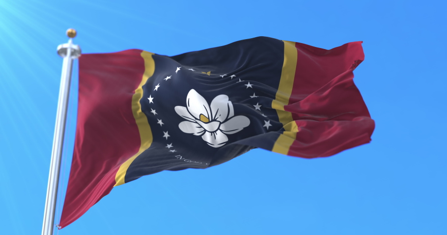Flag of american state of Mississippi, United States, waving at wind. Loop