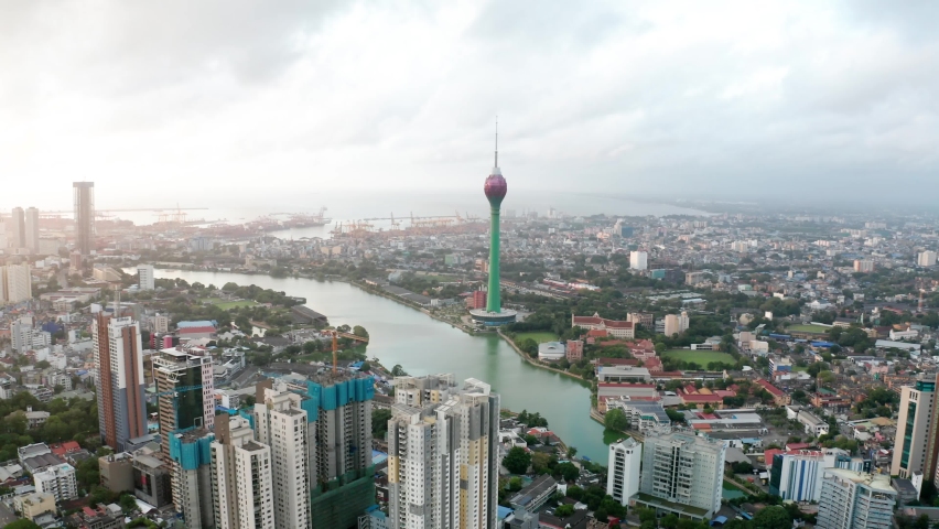 Aerial Footage of Colombo Skyline, Lotus Tower