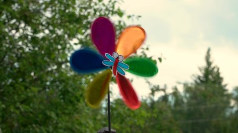 Colorful windmill in different rotate motion. weather vane on natural background. air vane  on the move