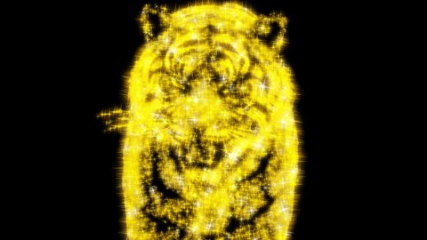 CG animation of a golden tiger walking and roaring with glittering particle on black background. Has Alpha matte.