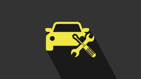 Yellow Car with screwdriver and wrench icon isolated on grey background. Adjusting, service, setting, maintenance, repair, fixing. 4K Video motion graphic animation.