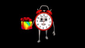 Cartoon Alarm Clock Shows Gift Looped Video Alpha Channel
