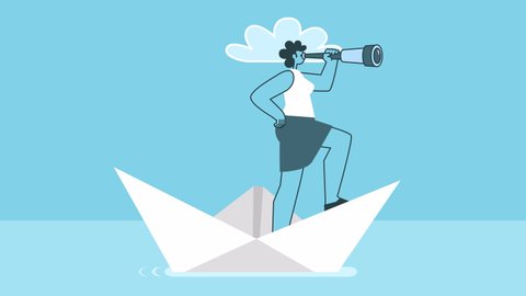 Cartoon woman looking through a telescope of paper boat. Flat Design 2d Character Isolated Loop Animation with Alpha Channel