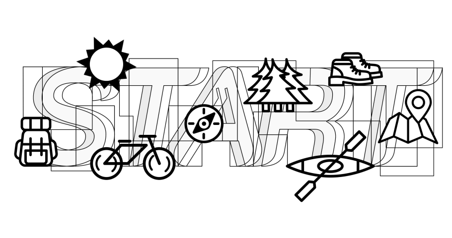 A vector illustration of eco-friendly travel icons in the word "START" IN 4K