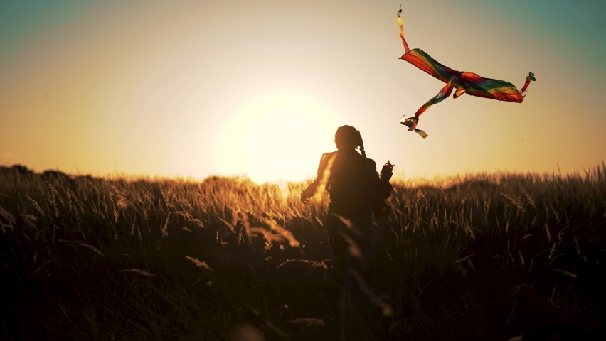 Happy girl playing with kite. Child run with toy on grass in park. Kite soars in wind. Girl with toy kite. Happy child run on grass. Kite in the wind in park. Girl playing in park | Shutterstock HD Video #1083995887