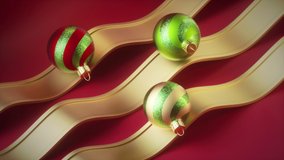 3d Christmas cycled animation. Striped glass balls roll on golden wavy road over the red background. Oddly satisfying video. Repeating beat. Live image. Looping seamless motion design.